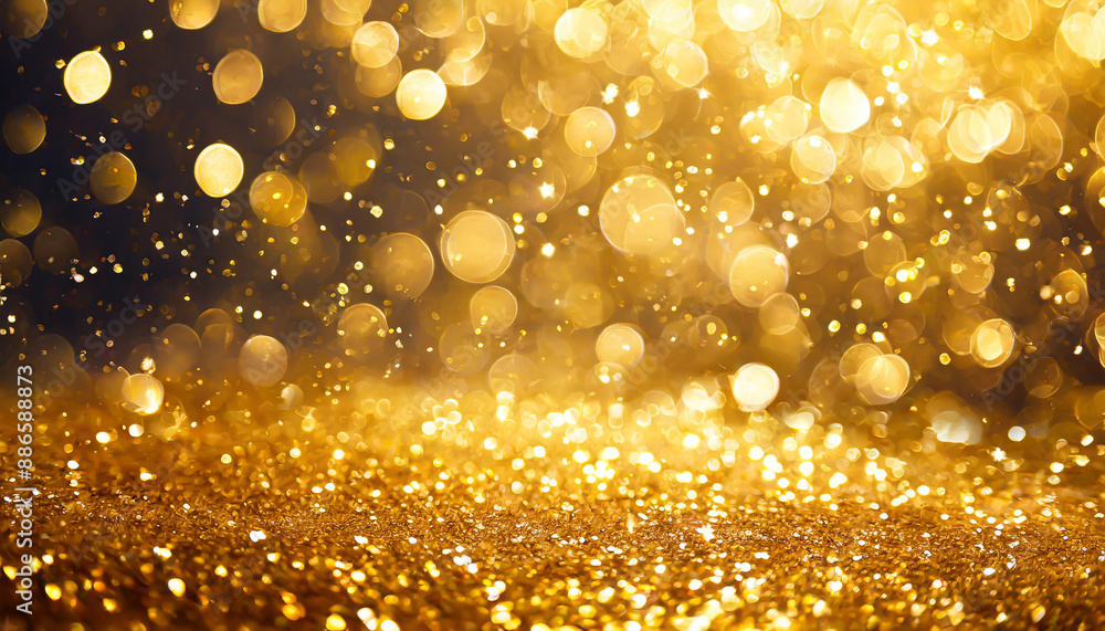 Golden sparkle glitters with bokeh effect and selectieve focus. Festive background with bright gold lights, champagne bubble. Christmas mood concept. Copy space, close up, texture, top view. Golden sparkle glitters with bokeh effect and selectieve focus. Festive background with bright gold lights, champagne bubble. Christmas mood concept. Copy space, close up, texture, top view.