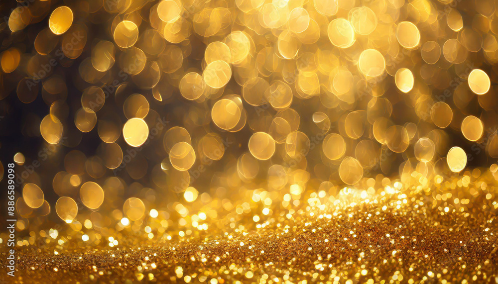 Golden sparkle glitters with bokeh effect and selectieve focus. Festive background with bright gold lights, champagne bubble. Christmas mood concept. Copy space, close up, texture, top view. Golden sparkle glitters with bokeh effect and selectieve focus. Festive background with bright gold lights, champagne bubble. Christmas mood concept. Copy space, close up, texture, top view.