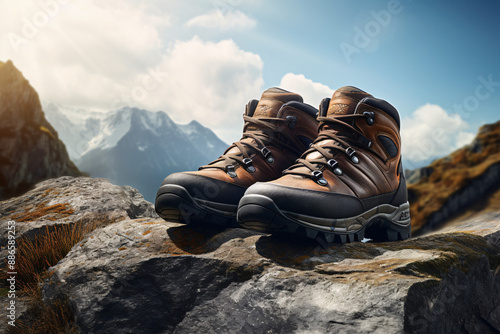 a pair of brown hiking boots on a rock