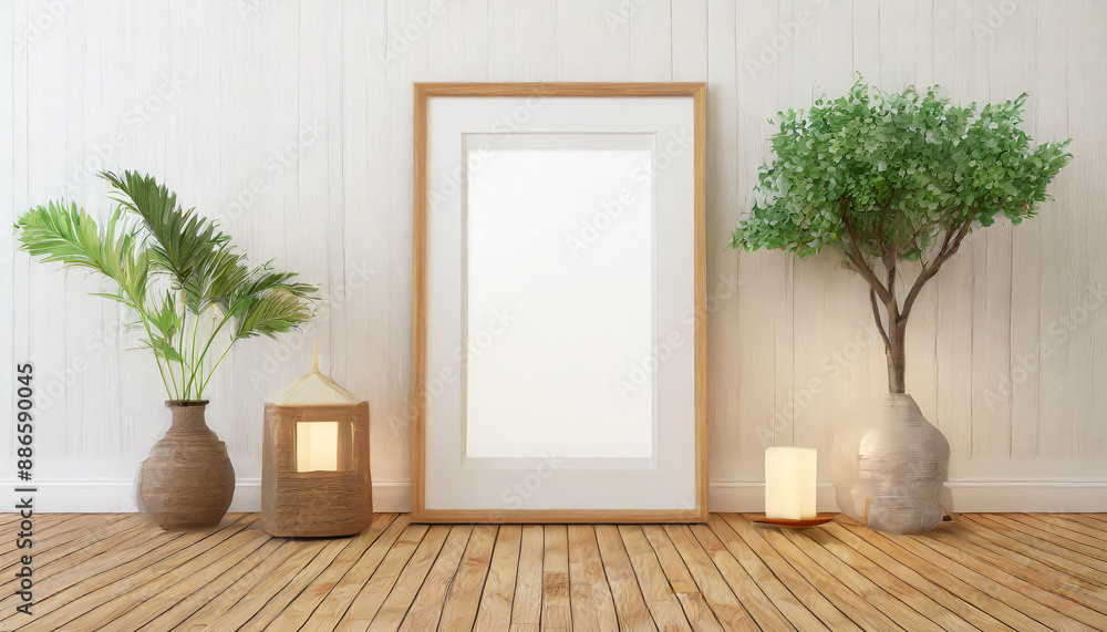 Horizontall wood frame mock up. Wooden frame poster on wooden floor with white wall. Landscape frame Horizontall wood frame mock up. Wooden frame poster on wooden floor with white wall. Landscape frame