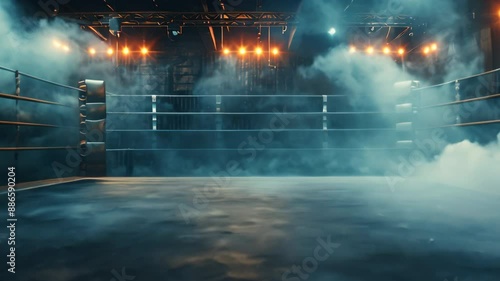 Professional boxing ring with spotlights and smokey background, martial arts sport	

