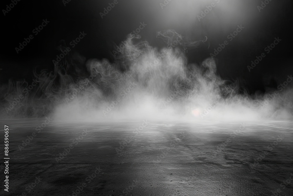 Abstract image of dark room concrete floor. Black space or stage backdrop for product placement. Abstract fog panoramic view with generative ai Abstract image of dark room concrete floor. Black space or stage backdrop for product placement. Abstract fog panoramic view with generative ai