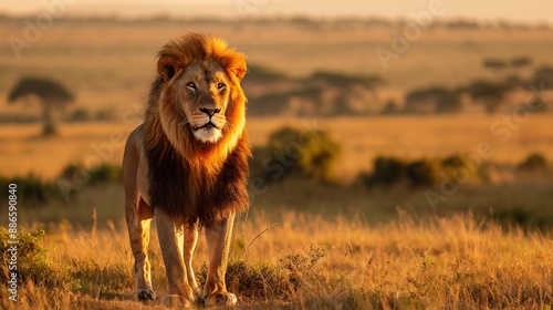 Majestic Male Lion in African Savanna at Sunset