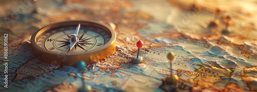 Compass with Red Pins Pointing to Different Cities on World Map, Symbolizing Travel and Exploration, Blurred Background Emphasizing Office Decor Importance