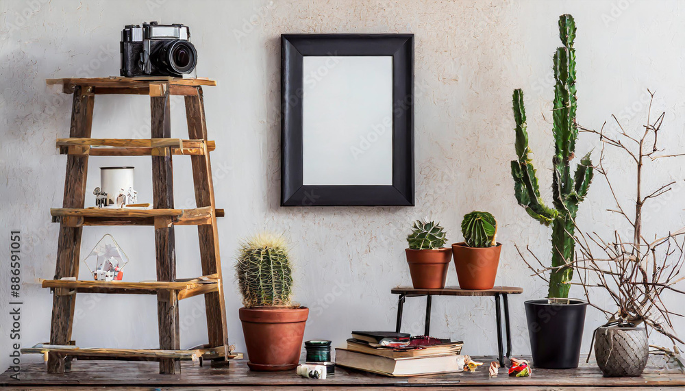 Interior design of living room with black poster mock up frame, shelf, cacti, plant, books, photo camera, wooden ladder and elegant personal accessoreis. Grunge wall. Stylis Interior design of living room with black poster mock up frame, shelf, cacti, plant, books, photo camera, wooden ladder and elegant personal accessoreis. Grunge wall. Stylis