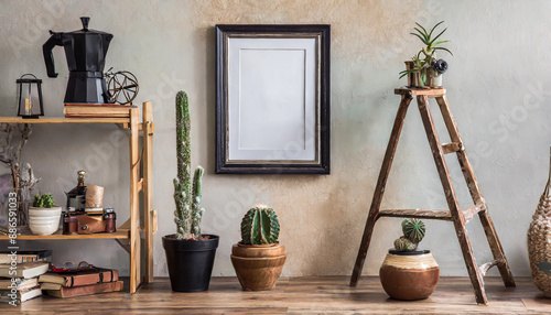 Interior design of living room with black poster mock up frame, shelf, cacti, plant, books, photo camera, wooden ladder and elegant personal accessoreis. Grunge wall. Stylis photo