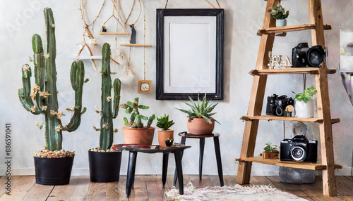 Interior design of living room with black poster mock up frame, shelf, cacti, plant, books, photo camera, wooden ladder and elegant personal accessoreis. Grunge wall. Stylis photo