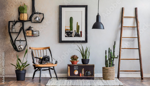 Interior design of living room with black poster mock up frame, shelf, cacti, plant, books, photo camera, wooden ladder and elegant personal accessoreis. Grunge wall. Stylis photo