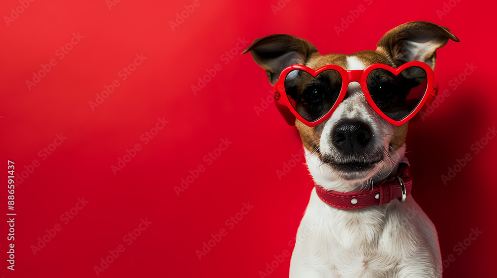 A stylish dog with sunglasses and a heart-shaped frame, posing against a vibrant red background. A stylish dog with sunglasses and a heart-shaped frame, posing against a vibrant red background.