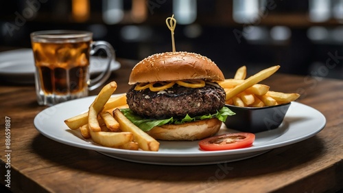 gourmet truffle burger with fries served aesthetically in a white plate and wooden table