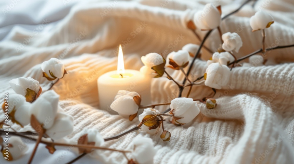 Organic cotton home wear with aroma candle on the white blanket Copy space Organic cotton home wear with aroma candle on the white blanket Copy space