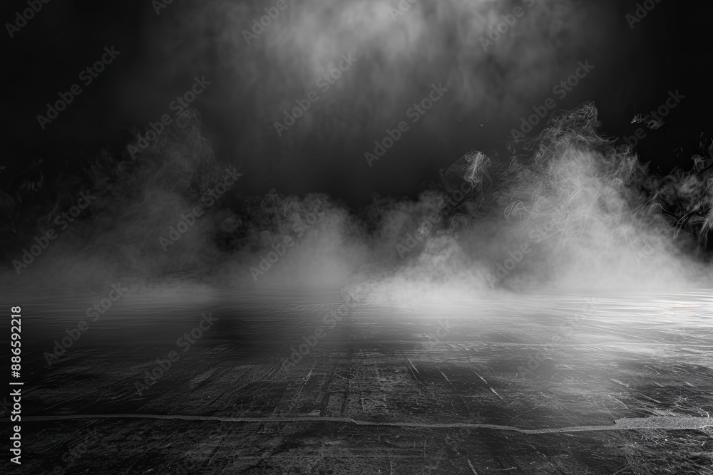 Abstract image of dark room concrete floor. Black space or stage backdrop for product placement. Abstract fog panoramic view with generative ai Abstract image of dark room concrete floor. Black space or stage backdrop for product placement. Abstract fog panoramic view with generative ai