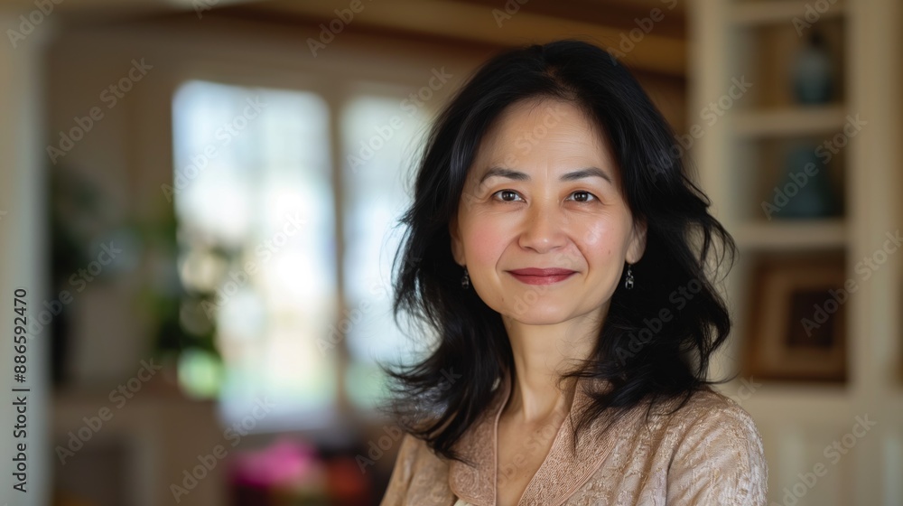 Portrait of a Smiling MiddleAged Chinese Woman at Home for Social Media Design and Professional Use Portrait of a Smiling MiddleAged Chinese Woman at Home for Social Media Design and Professional Use
