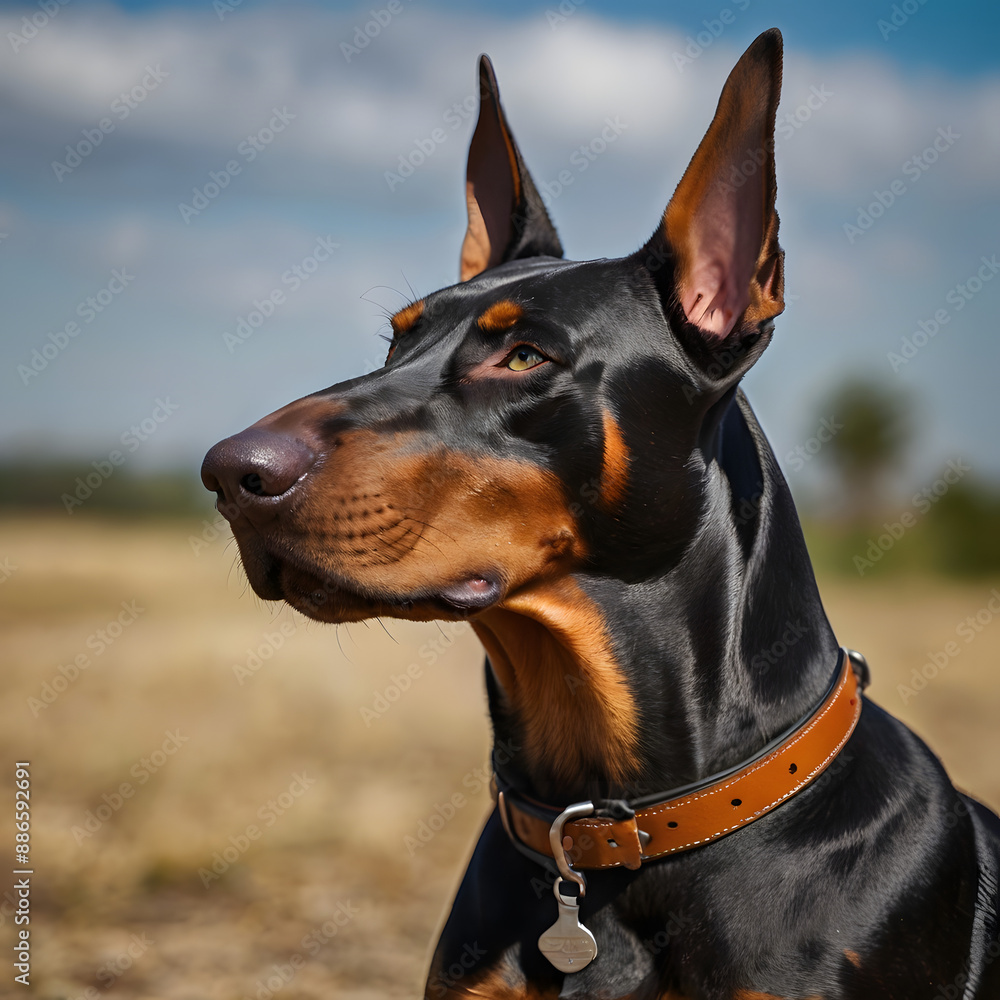 A shot of a majestic Dobermann Dog. A shot of a majestic Dobermann Dog.