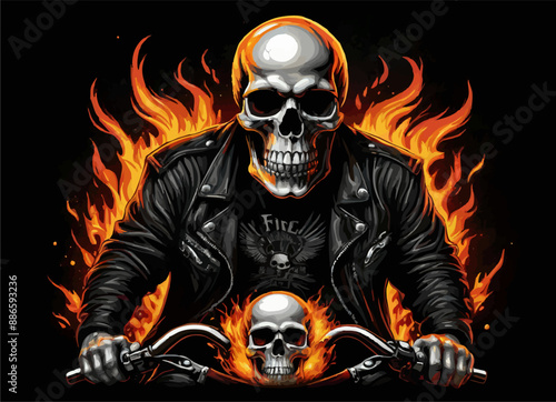 Vector t-shirt design with biker with human skull
and fire on black background.
Fashionable print for fabric, paper, men clothing,
hoodie, biker jacket. T shirt template with flame.