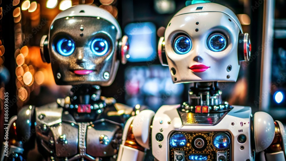 Close-up of two robots. AI/Communication/Technological singularity image with Generative AI Close-up of two robots. AI/Communication/Technological singularity image with Generative AI