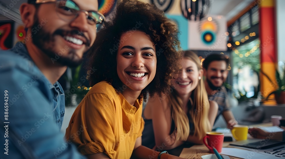 Obraz premium Vibrant Startup Team Brainstorming Innovative Solutions in Colorful Creative Workspace