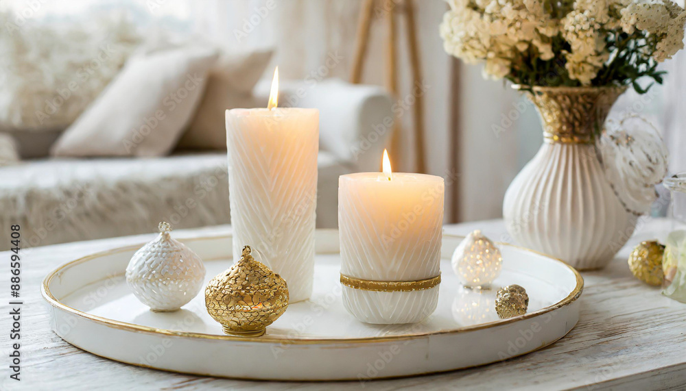 Candles on a wooden table, Minimalism, Luxurious white tray decoration, home interior decor with burning aroma candle with white dry flower Candles on a wooden table, Minimalism, Luxurious white tray decoration, home interior decor with burning aroma candle with white dry flower