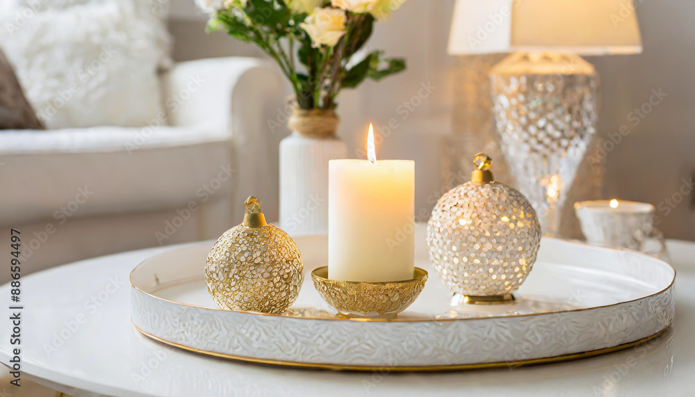 Candles on a wooden table, Minimalism, Luxurious white tray decoration, home interior decor with burning aroma candle with white dry flower Candles on a wooden table, Minimalism, Luxurious white tray decoration, home interior decor with burning aroma candle with white dry flower