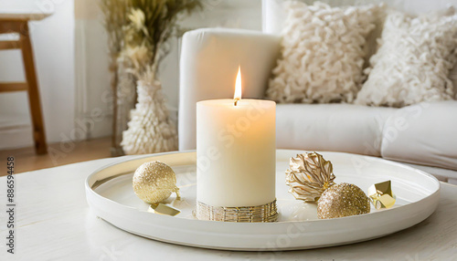 Candles on a wooden table, Minimalism, Luxurious white tray decoration, home interior decor with burning aroma candle with white dry flower