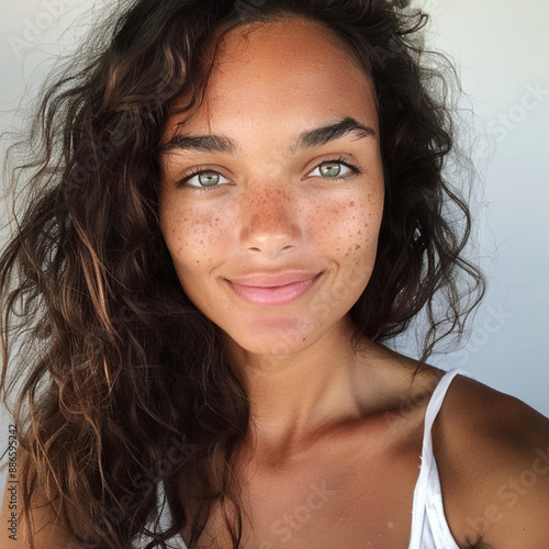 Beautiful Women With Vitiligo. She looks at the camera, smiles and now looks younger as her face is clearer. Her eyes look bright and fresh. 