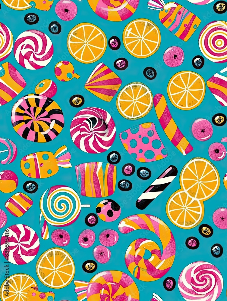 Naklejka premium Sweet Treats Seamless Pattern: A vibrant and cheerful pattern featuring an array of colorful candies, lollipops, and orange slices on a teal background. Perfect for textile design, wrapping paper.
