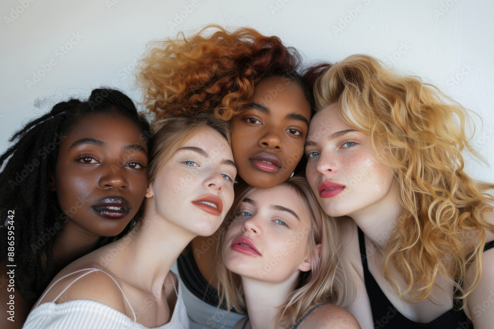 Fototapeta premium Young multiracial women standing together and smiling. Diverse beauty, natural features, unity and individuality