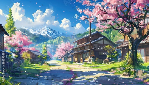 illustration art life on vilage on spring sytle anime