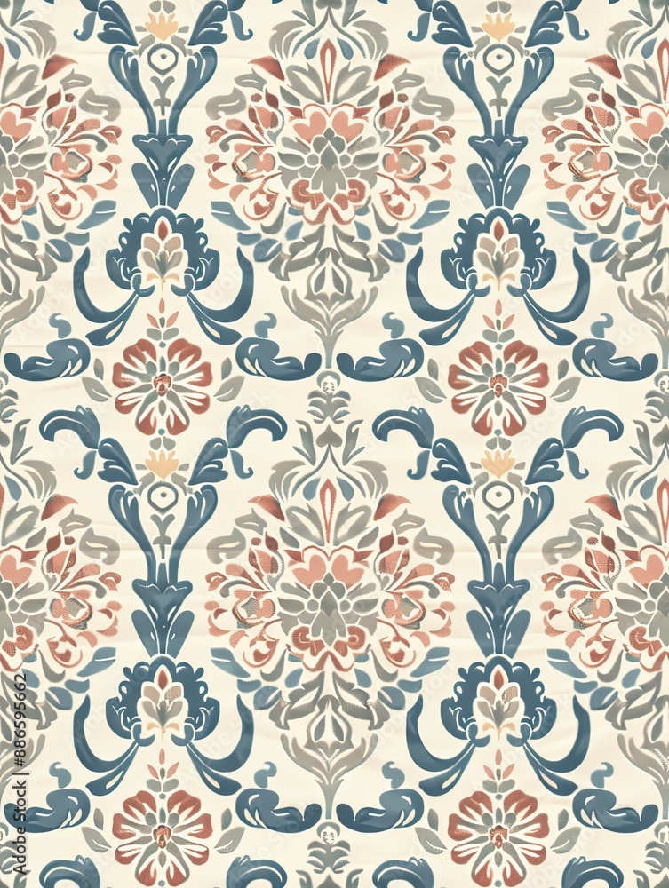 Damask Pattern: Elegant and intricate, this damask pattern features a delicate floral motif in warm hues of dusty rose, teal, and gray against a soft beige background. Damask Pattern: Elegant and intricate, this damask pattern features a delicate floral motif in warm hues of dusty rose, teal, and gray against a soft beige background.
