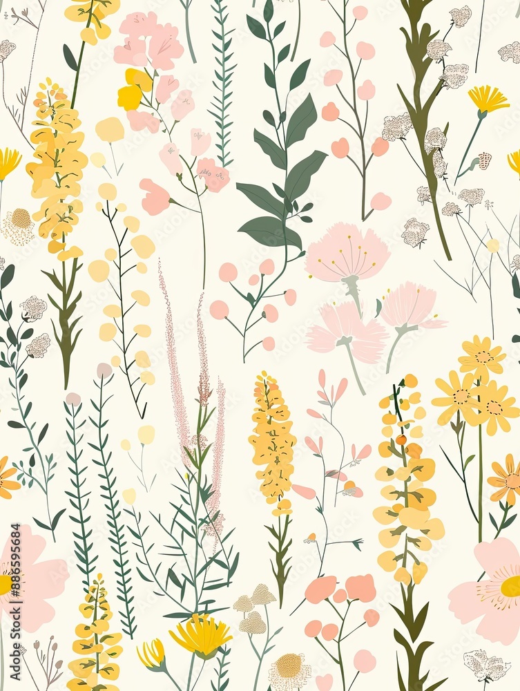 Fototapeta premium Whimsical Floral Pattern: A delicate and charming seamless pattern featuring a vibrant array of pink, yellow, and green wildflowers on a soft white background. 