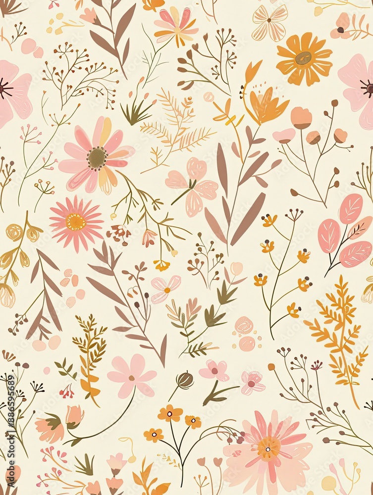 Delicate Floral Pattern: A charming and whimsical seamless pattern featuring delicate pink and orange flowers and leaves on a cream background. Perfect for adding a touch of nature and elegance to you Delicate Floral Pattern: A charming and whimsical seamless pattern featuring delicate pink and orange flowers and leaves on a cream background. Perfect for adding a touch of nature and elegance to you