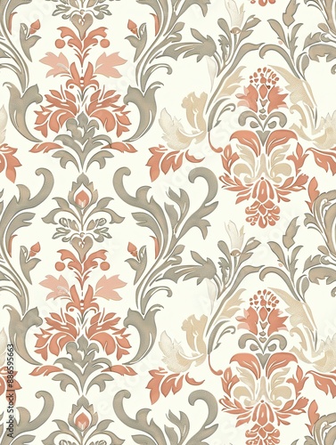 Elegant Floral Damask Pattern:  A seamless, intricate damask pattern in shades of coral, beige, and gray, featuring delicate floral motifs and ornate scrolls, perfect for adding a touch of classic ele