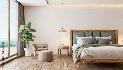 Minimal bedroom wall mock up with wooden side table. 3d rendering bedroom illustration.
