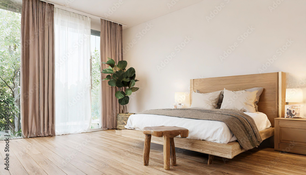 Minimal bedroom wall mock up with wooden side table. 3d rendering bedroom illustration. Minimal bedroom wall mock up with wooden side table. 3d rendering bedroom illustration.