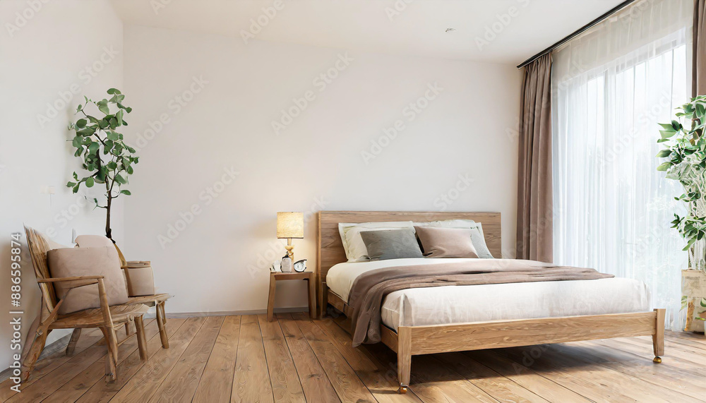 Minimal bedroom wall mock up with wooden side table. 3d rendering bedroom illustration. Minimal bedroom wall mock up with wooden side table. 3d rendering bedroom illustration.