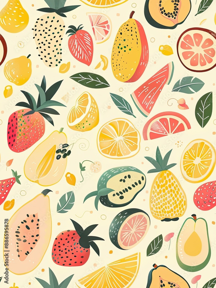 Tropical Fruit Seamless Pattern: A vibrant and playful seamless pattern featuring a colorful assortment of tropical fruits, perfect for adding a touch of summery fun to any design. Tropical Fruit Seamless Pattern: A vibrant and playful seamless pattern featuring a colorful assortment of tropical fruits, perfect for adding a touch of summery fun to any design.