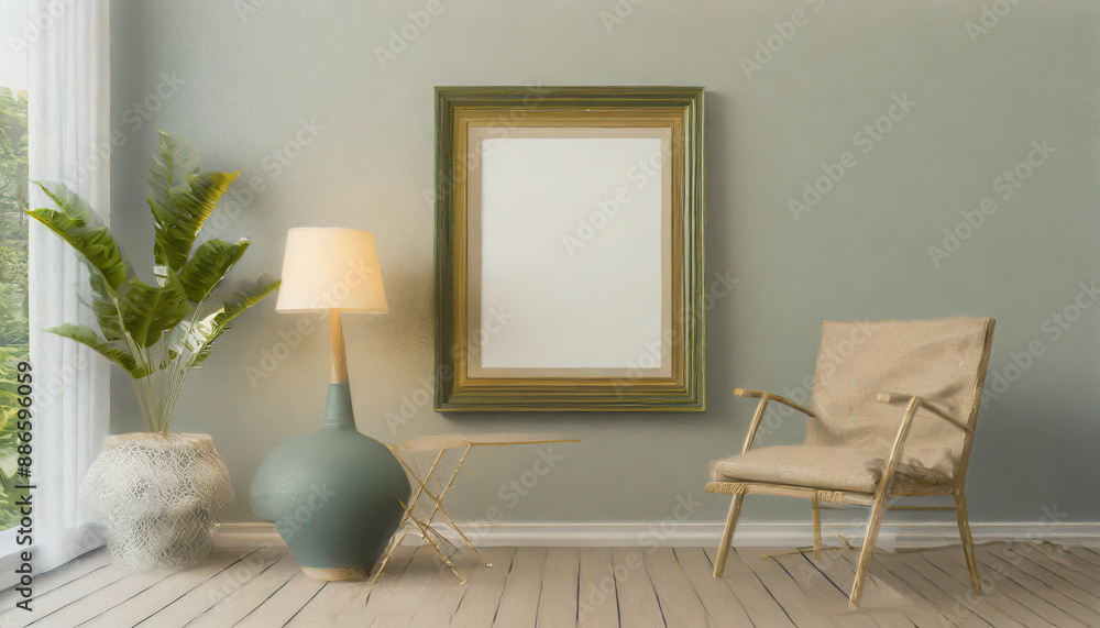 Minimal wooden picture poster frame mockup on white wallpaper Minimal wooden picture poster frame mockup on white wallpaper