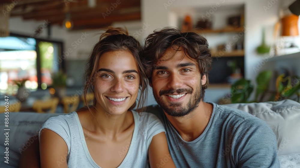 A smiling young couple sits on a couch in a modern living room. A smiling young couple sits on a couch in a modern living room.