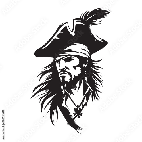 scary skeleton pirate captain tattoo logo clean black and white vector silhouette high quality prints