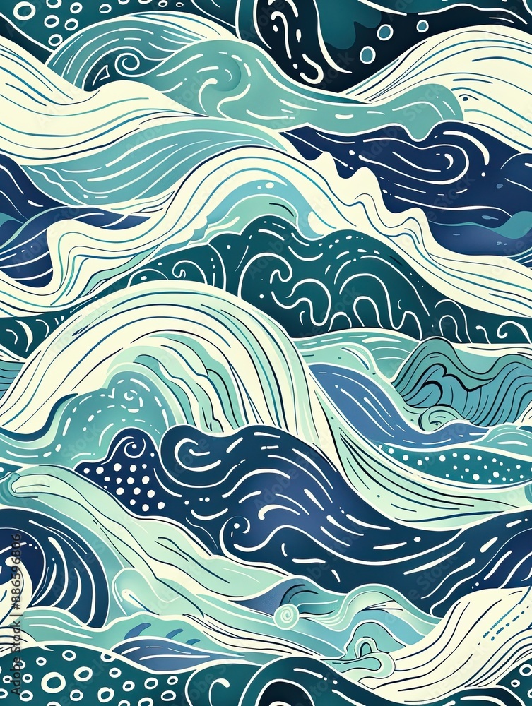 a seamless pattern with ocean waves and sea elements in calming pastel blues and aquas, capturing a serene beach vibe a seamless pattern with ocean waves and sea elements in calming pastel blues and aquas, capturing a serene beach vibe