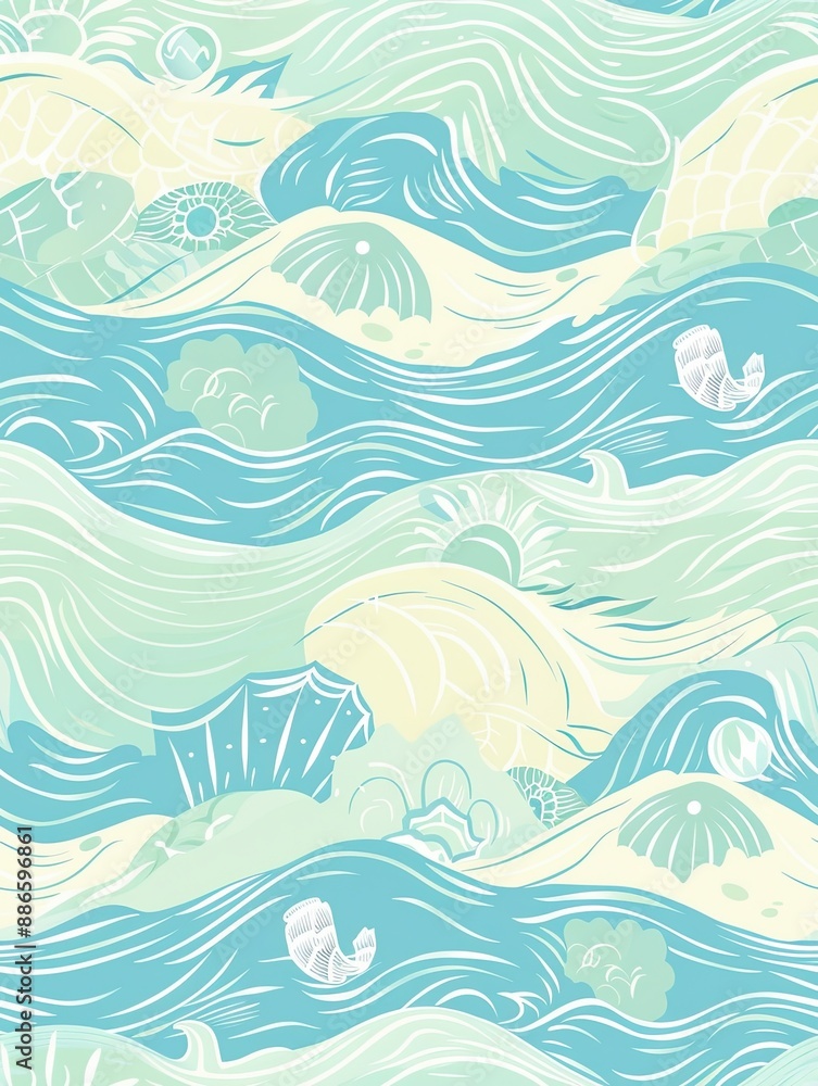 a seamless pattern with ocean waves and sea elements in calming pastel blues and aquas, capturing a serene beach vibe a seamless pattern with ocean waves and sea elements in calming pastel blues and aquas, capturing a serene beach vibe