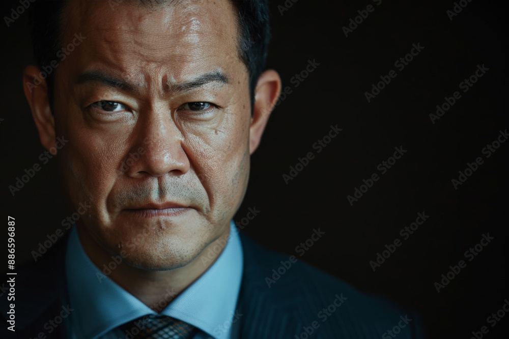 Close-up portrait of a middle aged man of Asian descent, studio photo, against a sleek gray studio backdrop Close-up portrait of a middle aged man of Asian descent, studio photo, against a sleek gray studio backdrop