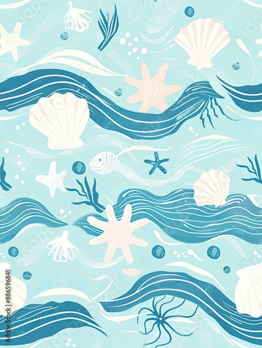 a seamless pattern with ocean waves and sea elements in calming pastel blues and aquas, capturing a serene beach vibe