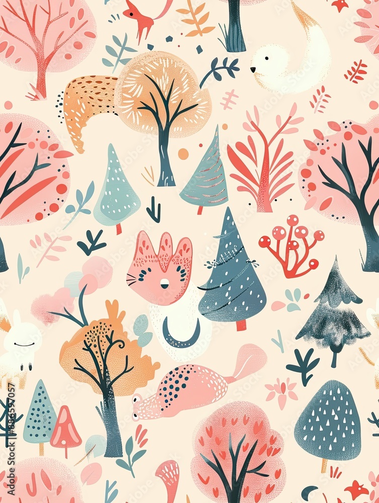 seamless pattern with elements of a fairy tale forest, including magical creatures and whimsical trees in vibrant pastel colors.4 seamless pattern with elements of a fairy tale forest, including magical creatures and whimsical trees in vibrant pastel colors.4