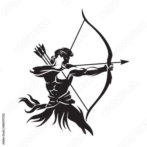 archer bow and arrow  ancient army war beautiful illustration design black and white vector logo tattoo silhouette