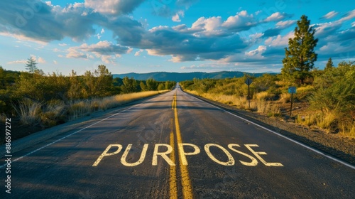 The word PURPOSE written on an open asphalt road amidst a vast landscape, invoking a sense of direction, goal setting, and journey towards a meaningful destination