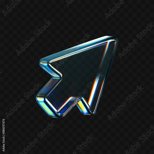 3d glass arrow icon with refraction and holographic effect isolated on dark background. Render transparent glass cursor with overlay dispersion light, rainbow gradient. 3d vector morphism