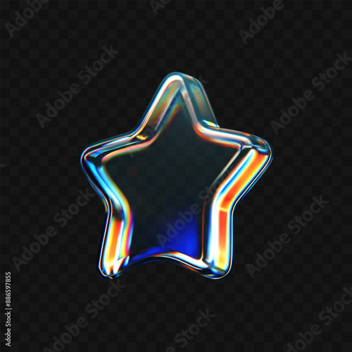3d glass star icon with refraction and holographic effect isolated on dark background. Render transparent glass star with overlay dispersion light, rainbow gradient. 3d vector morphism