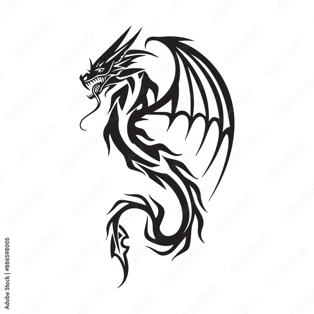 Obraz premium dragon illustration chinese japanese stylish logo tattoo line art vector in black and white logo for print in high quality 