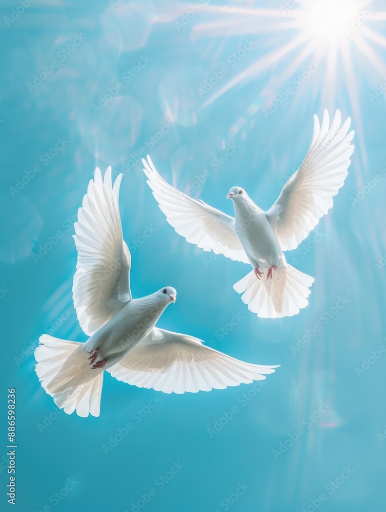 Birds soaring in a clear blue sky with the sun shining from behind, perfect for a bright and uplifting image Birds soaring in a clear blue sky with the sun shining from behind, perfect for a bright and uplifting image
